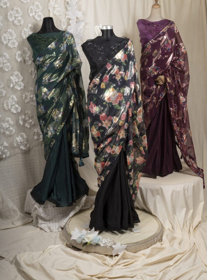 Floral Printed Organza & Chinon Silk Saree