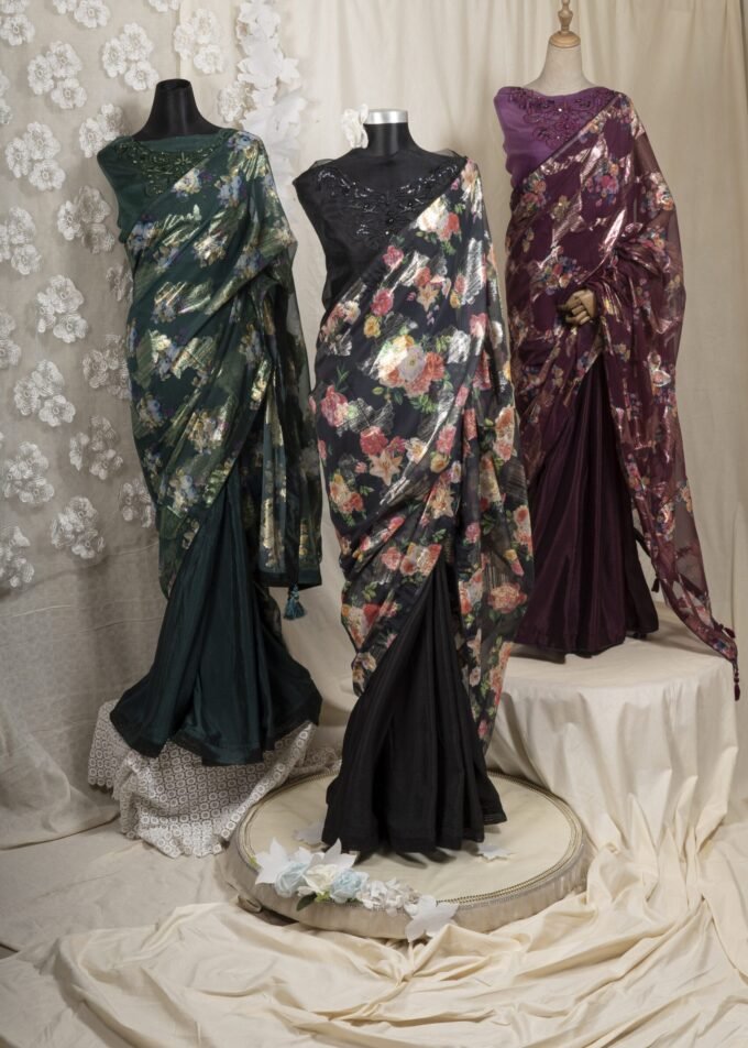 Floral Printed Organza & Chinon Silk Saree