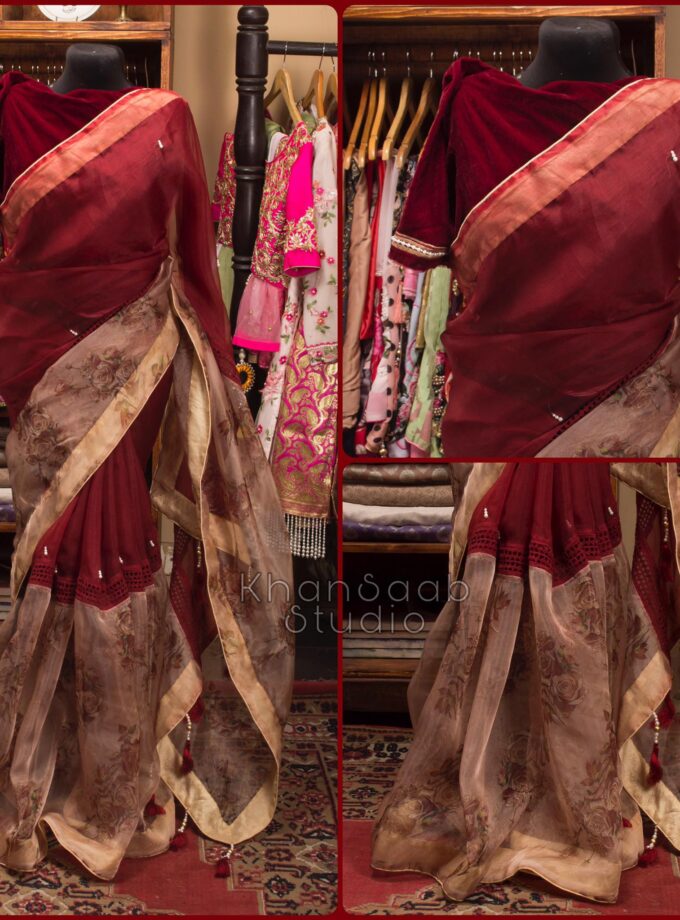 Half & Half Muslin Floral Organza Saree