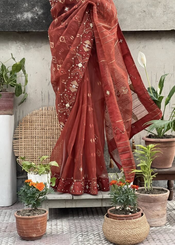 Orange Embellished Jamdani Saree