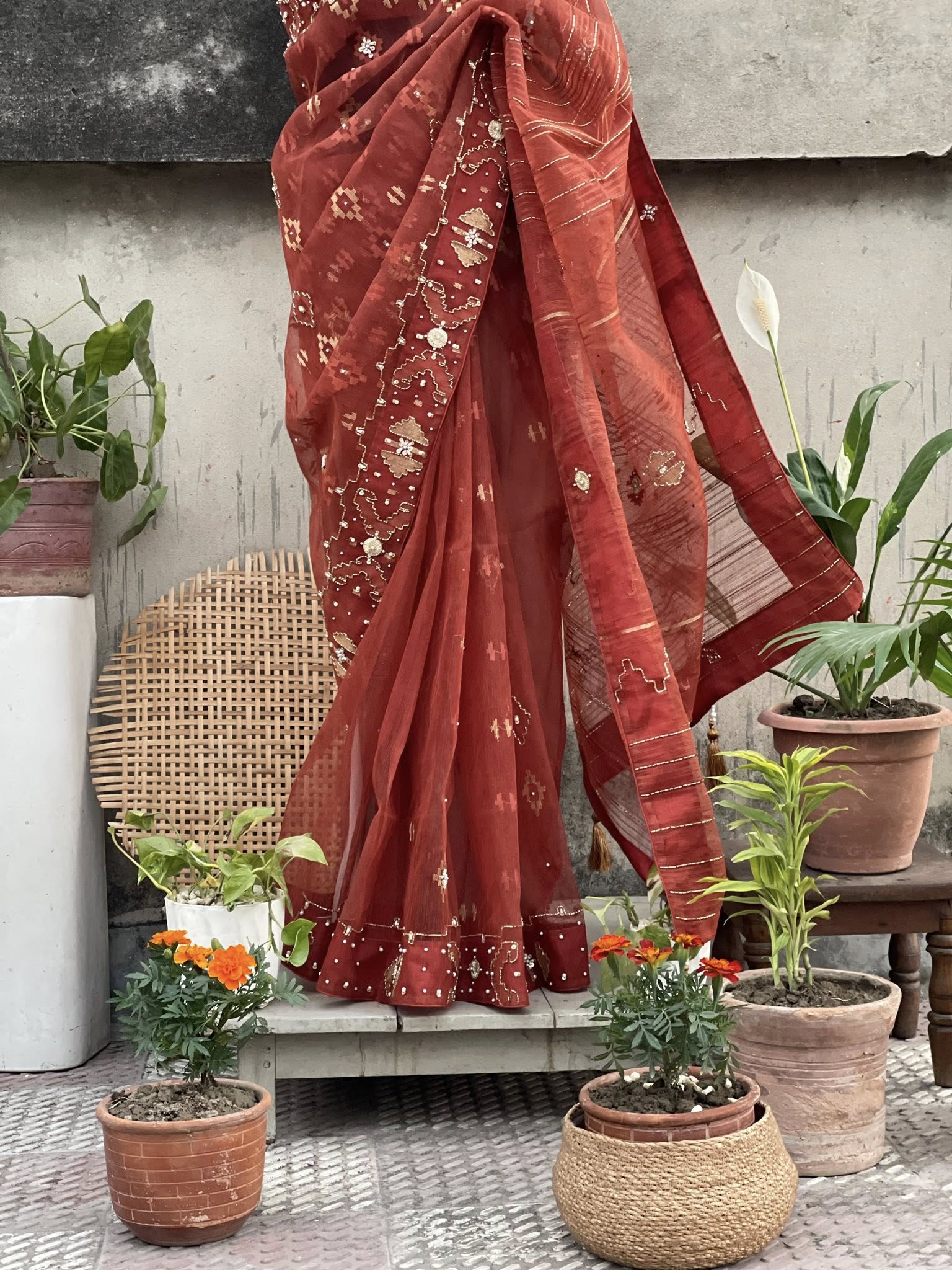 Orange Embellished Jamdani Saree - Image 3