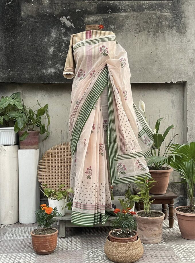 Vintage Block-Printed Tangail Half-Silk Saree