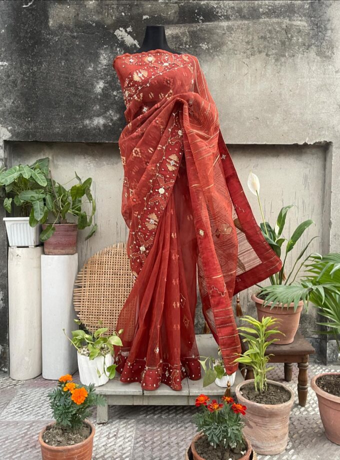 Orange Embellished Jamdani Saree