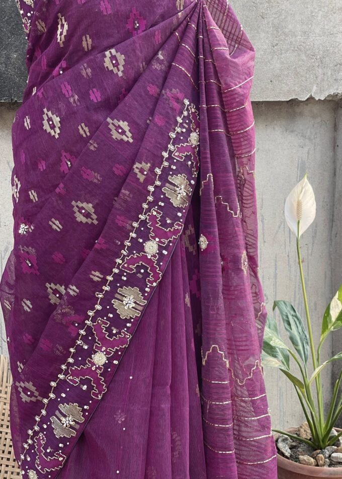 Purple Embellished Jamdani Saree