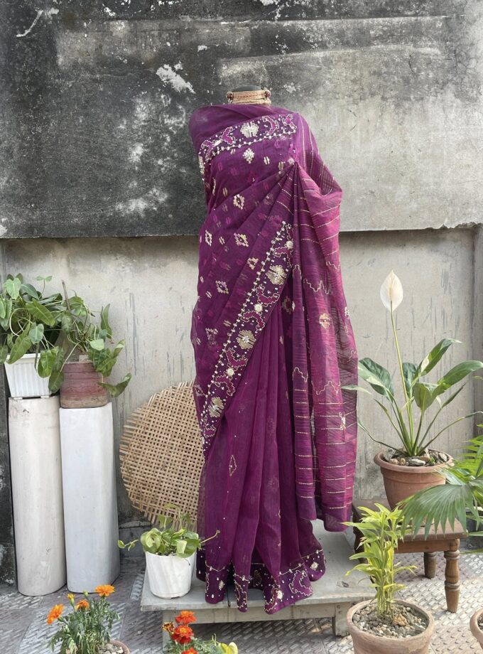 Purple Embellished Jamdani Saree
