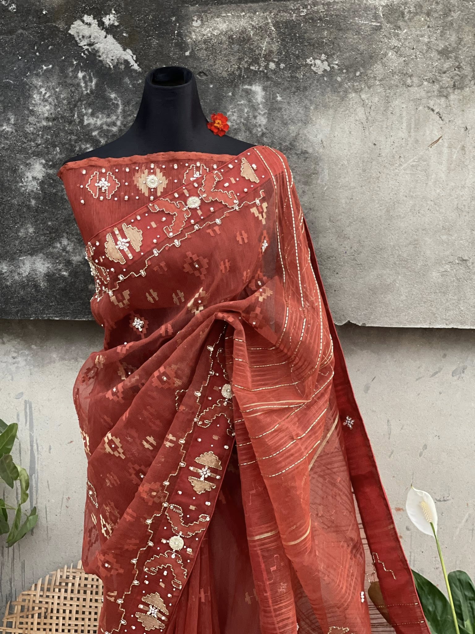 Orange Embellished Jamdani Saree - Image 2