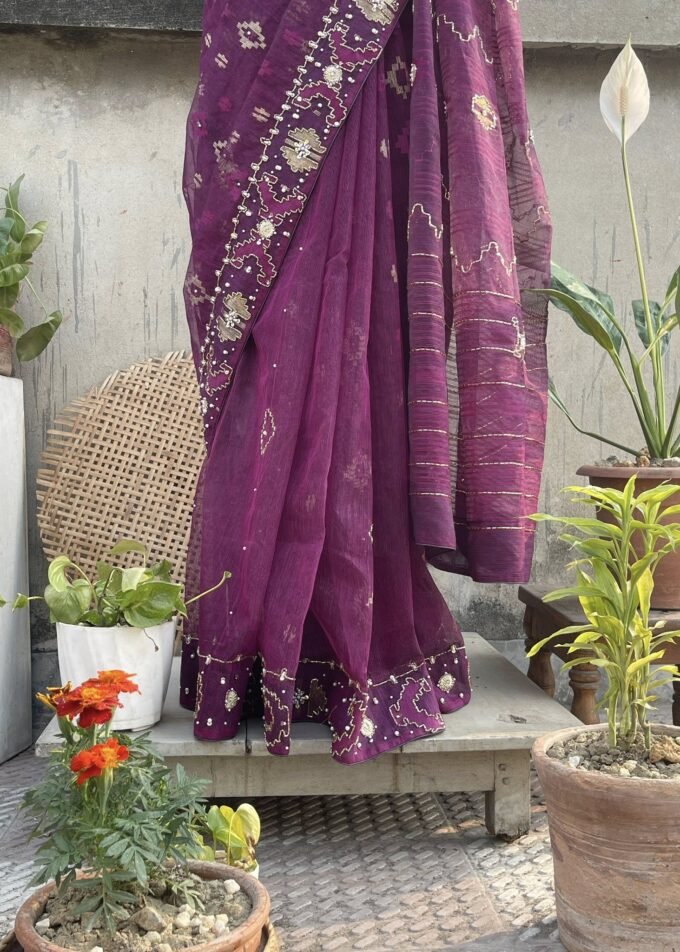 Purple Embellished Jamdani Saree