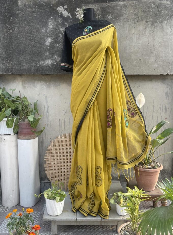 handloom Kolka Motif block print cotton saree