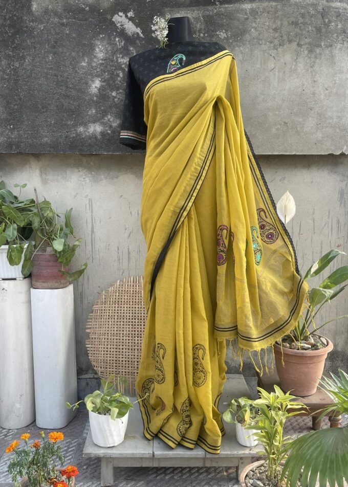 handloom Kolka Motif block print cotton saree