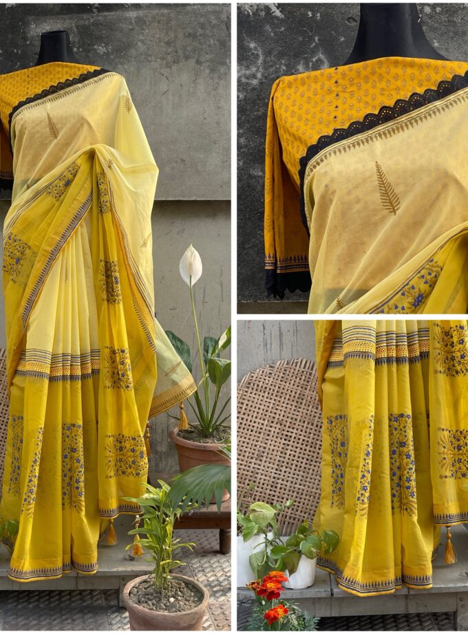 Dual-Shade Mustard Tailored Tangail Half-Silk Saree