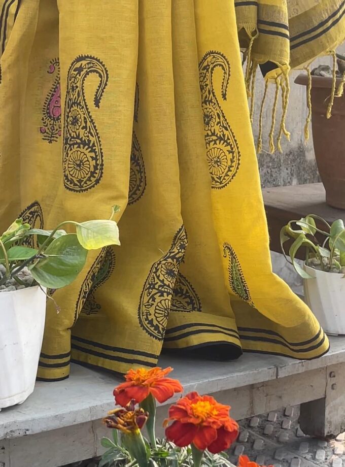 handloom Kolka Motif block print cotton saree