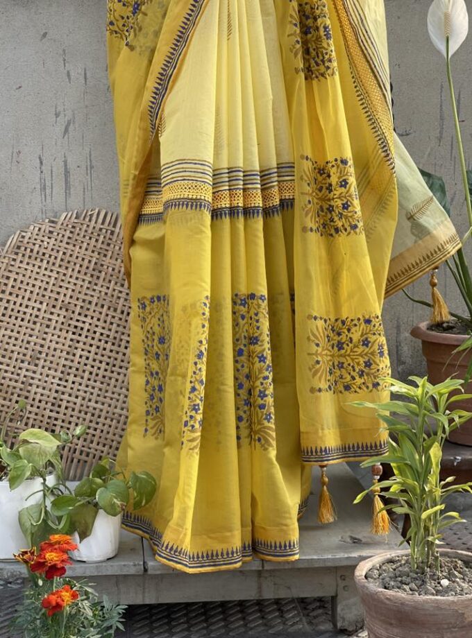 Dual-Shade Mustard Tailored Tangail Half-Silk Saree