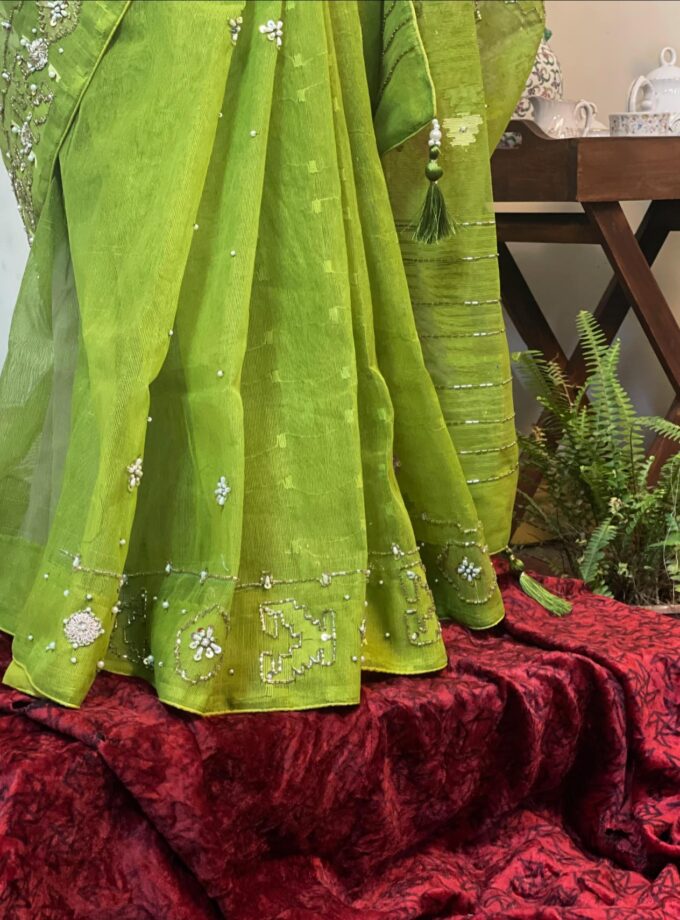 Green Embellished Jamdani Saree