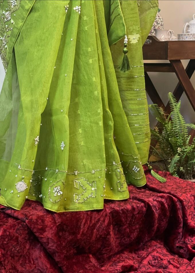 Green Embellished Jamdani Saree