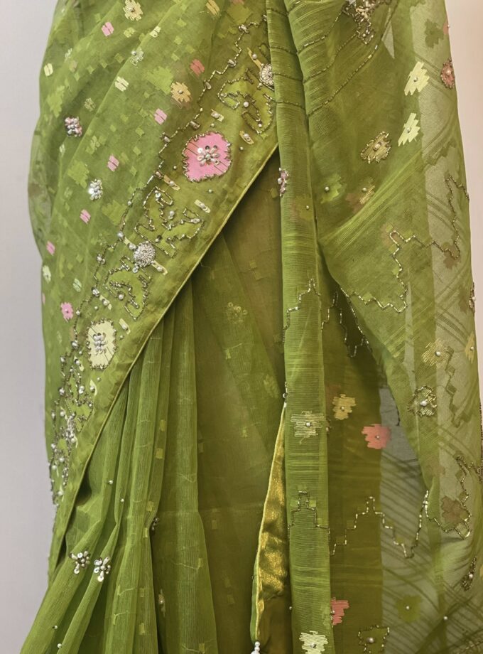 Green Embellished Jamdani Saree