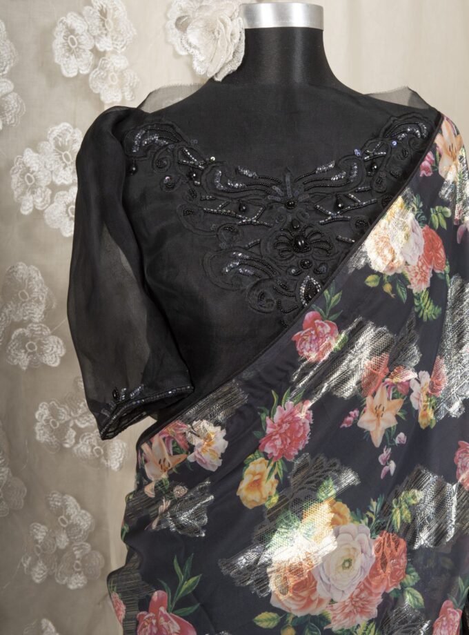 Floral Printed Organza & Chinon Silk Saree