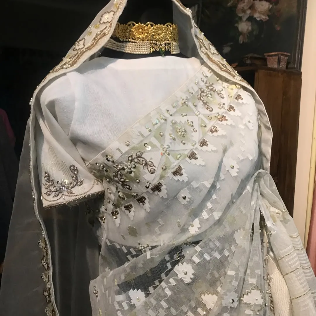 Pristine White & Silver Zardosi Jamdani Saree
