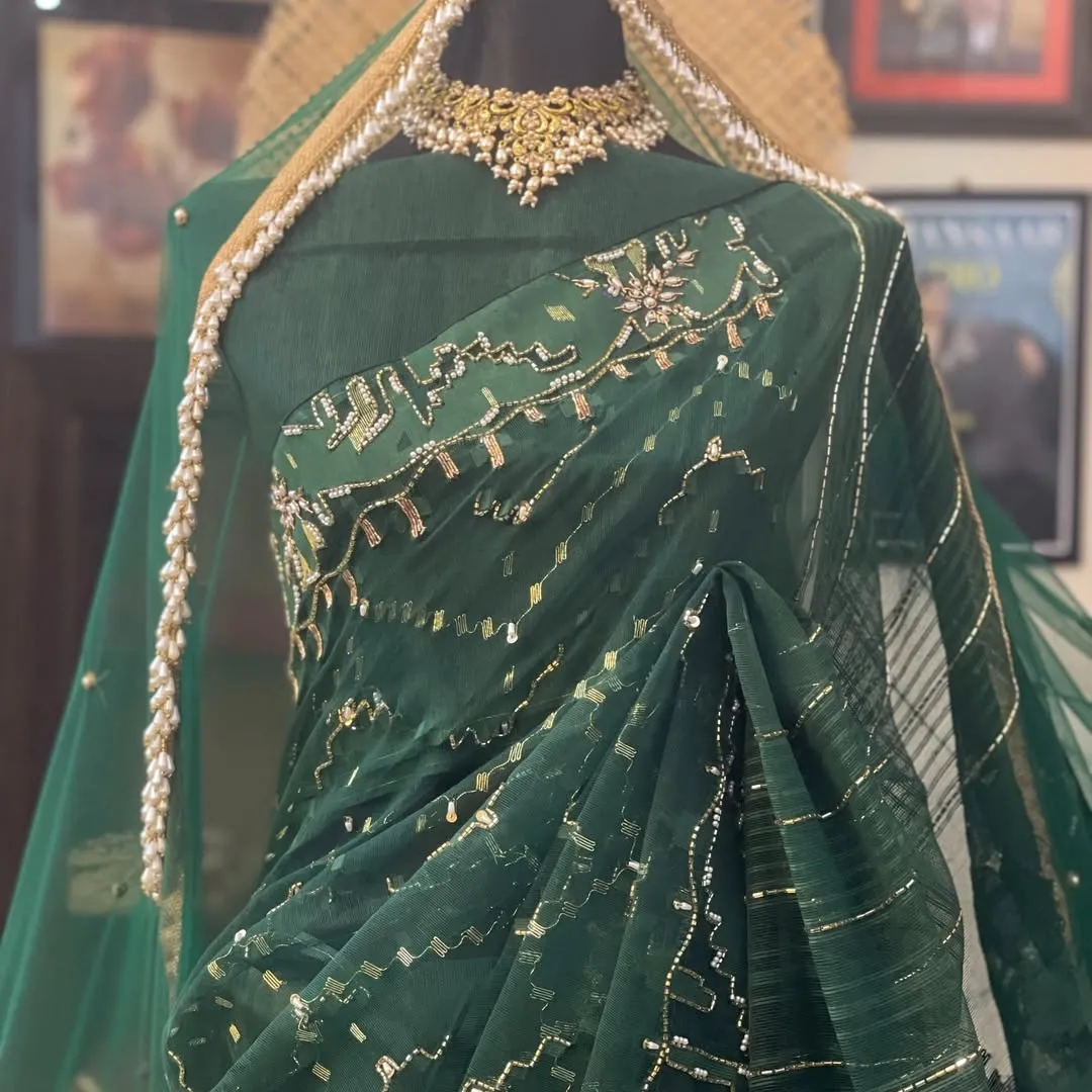 Emerald Forest Green Zardosi Jamdani Saree