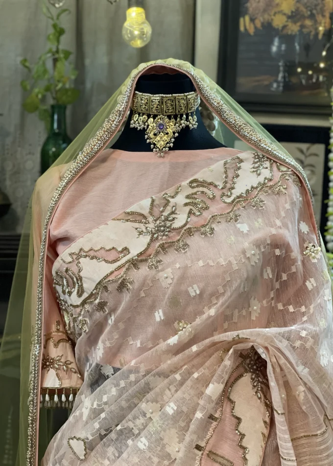 Peach Embellished Jamdani Bridal Saree