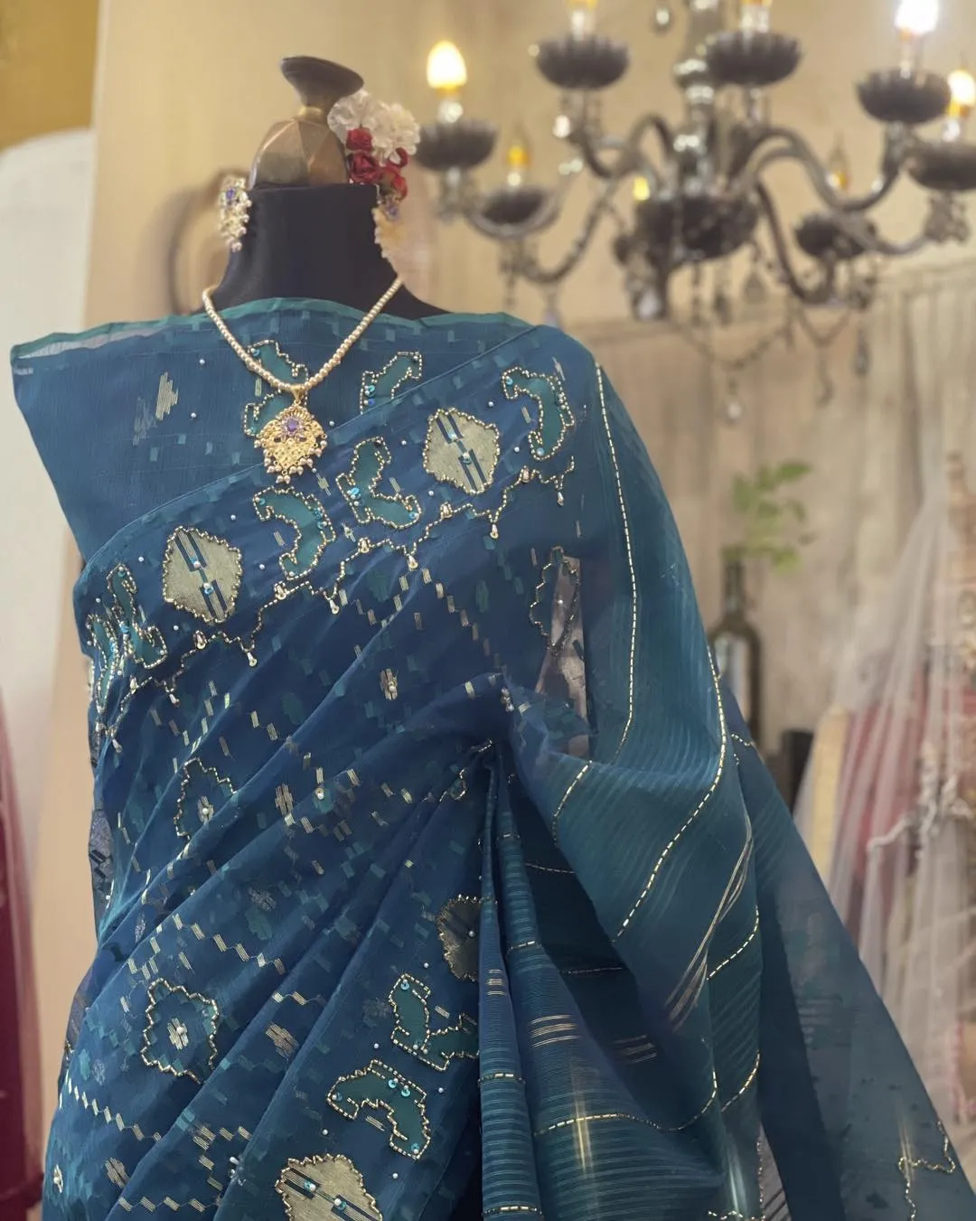 Mayurkanthi Peacock Blue Embellished Dhakai Jamdani Saree