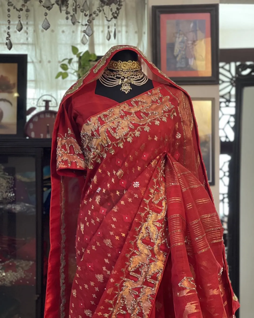 Embellished Dhakai Jamdani Saree in Stone Taupe