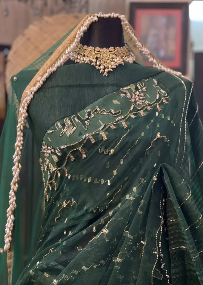 Emerald Heirloom Bottle Green Jamdani Saree