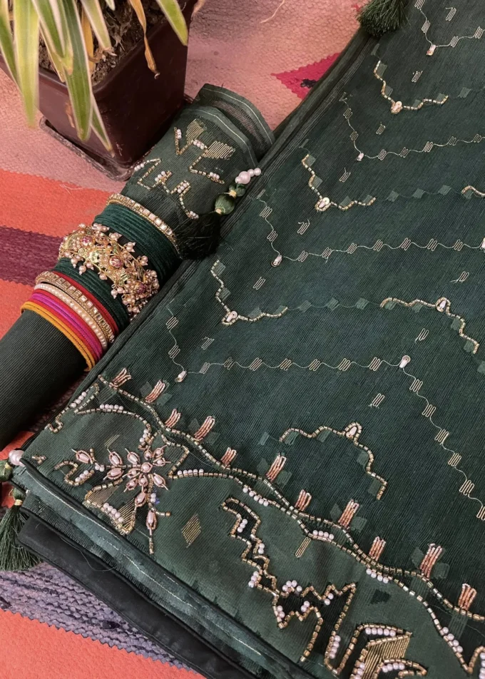 Emerald Heirloom Bottle Green Jamdani Saree