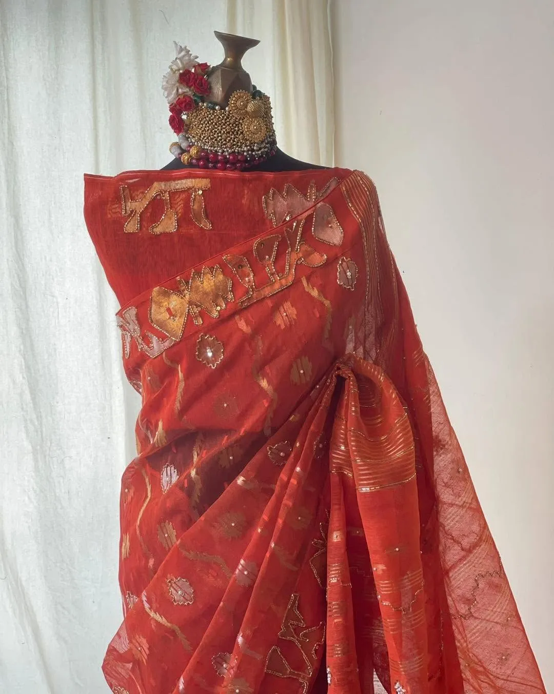 Embellished Dhakai Jamdani Saree in Vermilion Red