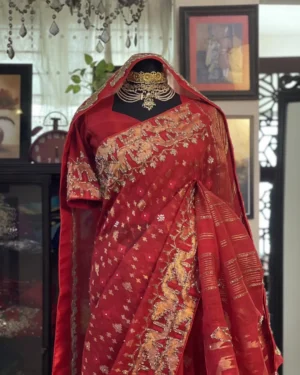 Double Part Red Bridal Jamdani Saree with Handcrafted Zardosi Work