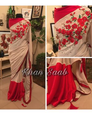 Crepe Georgette Carnation Floral Work Saree with Pearl Sequins