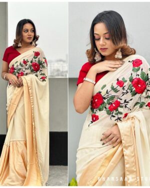 Crepe Georgette Carnation Floral Work Saree with Pearl Sequins