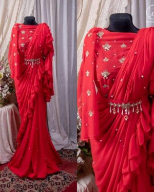 Georgette Saree with Ruffle Frills and Pitta Nakshi Blouse