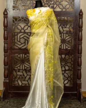 Elegant Half & Half Muslin Saree with Joba Flower Embroidery