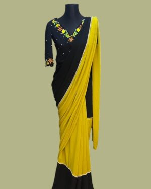 Black & Mustard Medium Crepe Georgette Saree with Pearl Lace and Embroidery