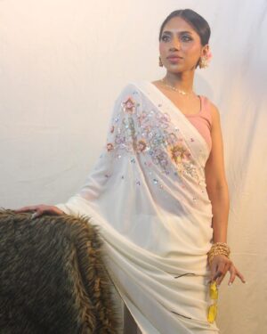 Ivory Crepe Georgette Floral Kardana & Sequins Saree