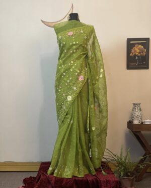 Green Embellished Jamdani Saree